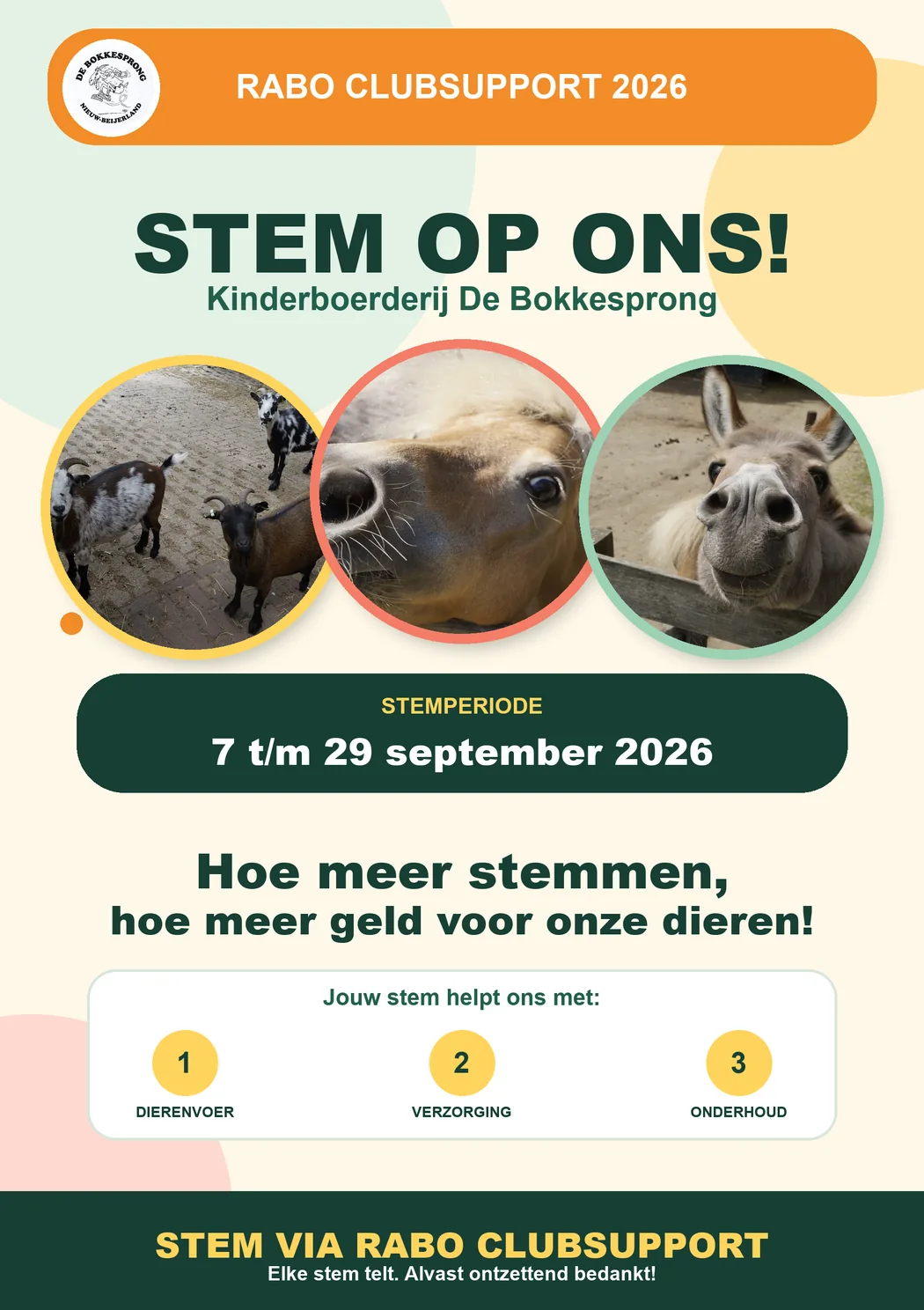 Flyer Rabo ClubSupport 2026 voor Kinderboerderij De Bokkesprong